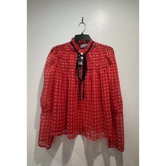 ASOS Check Print Blouse Women’s Size 6 Pink Red Black Trim Sheer - Picture 1 of 8